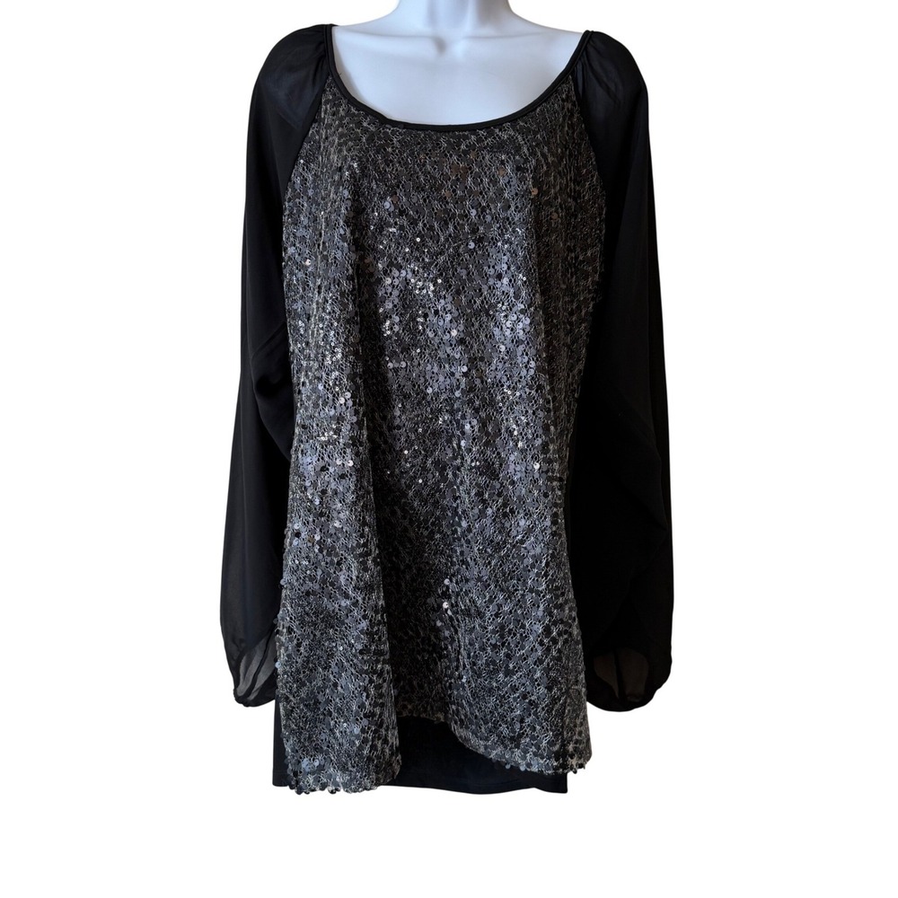 American Glamour Badgley Mischka Sequin Top Blouse Black Sheer Long Sleeves XL‎